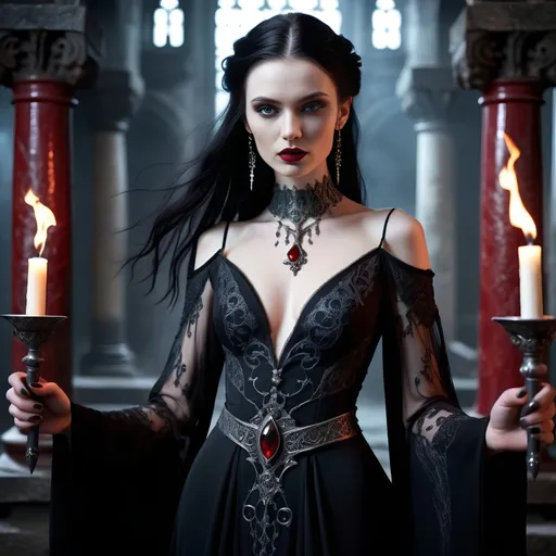 Prompt:  Tall, imposing presence, dark raven-black hair, piercing icy blue eyes, malevolent intent, pale ethereal skin, flowing black gown, intricate silver patterns, elegant yet dangerous, long flaring sleeves, cinched bodice, slender figure, choker with blood-red gemstone, delicate yet strong hands, sinister dark-bladed sword, engraved runes of dark magic, deep crimson red lips, knowing smirk, confident and cruel, powerful and malevolent sorceress, dark crumbling castle's throne room, flickering torches