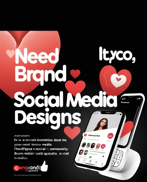 Prompt: a poster advertising a social media company with a phone and a heart on it's screen, with the words need, brand and social media designs, Enguerrand Quarton, lyco art, behance hd, a poster