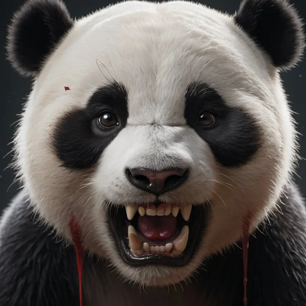 Prompt: Angry killer panda with blood on face, fierce expression, cute yet intense, high-quality, detailed fur, intense gaze, dark and moody lighting, realistic depiction, blood splatter details, panda, angry, fierce, cute, high-quality, detailed fur, intense gaze, dark lighting, realistic, animated