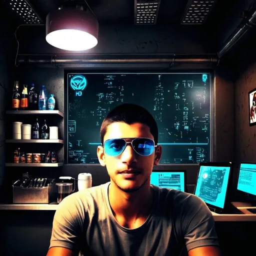 Prompt: Anime cyberpunk style, man in coffee shop, highly detailed, HD, dark background