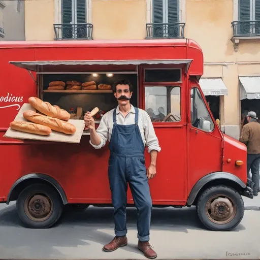 Prompt: french painter with a mustache carrying  a baguette in front of a red food truck