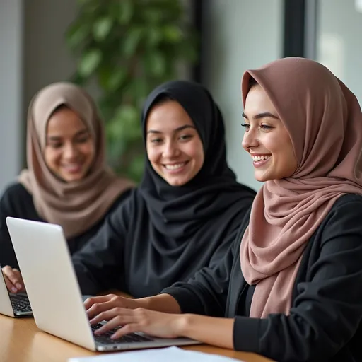 Prompt: 3 girls settin in meeting working together
all of team were hijab and one from them wears abaya