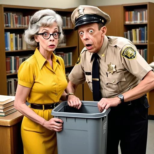 Prompt: Don Knotts as Barney Fife sheriff deputy arresting female middle aged gray haired lady librarian in yellow dress, Barney Fife has wide opened eyes, library books in trash can, library setting, Herbert Block style cartoon, hyper-realistic, colorful, comedic 