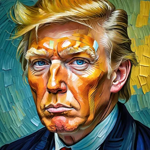 Prompt: Donald  Trump, Vincent van Gogh self portrait with bandaged right ear, Vincent van Gogh style painting, colorful, detailed, realistic 