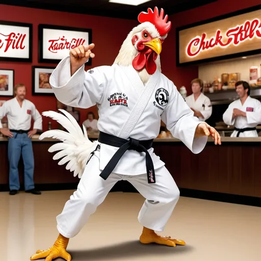 Prompt: Chuck Norris is a white chicken doing a karate kick, chicken in white karate gi with black karate belt, Chuck Norris head on chicken, Chick-fil-A sign in background,comedic, colorful, hyper-realistic 