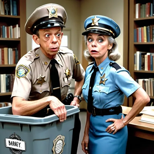 Prompt: Don Knotts as Barney Fife arresting female middle aged gray haired lady in blue dress, Barney Fife is a sheriff deputy, library books in trash can, library setting, Herbert Block style cartoon, hyper-realistic, colorful, comedic 