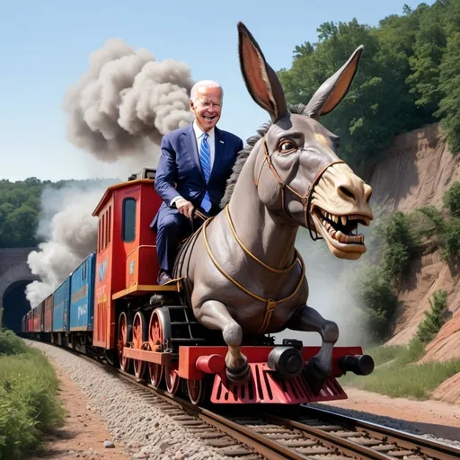 Prompt: Oversized President Joe Biden riding train with a saddle, train engine shaped like Donkey head, train falling off of railroad tracks, train crashing into ravine, Joe Biden sleeping, Herbert Block style cartoon, hyper-realistic, colorful, horror, detailed 