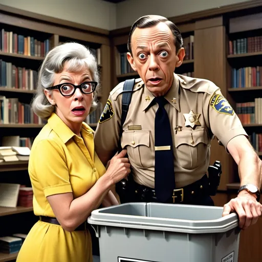 Prompt: Don Knotts as Barney Fife sheriff deputy arresting female middle aged gray haired lady librarian in yellow dress, Barney Fife has wide opened eyes, library books in trash can, library setting, Herbert Block style cartoon, hyper-realistic, colorful, comedic 