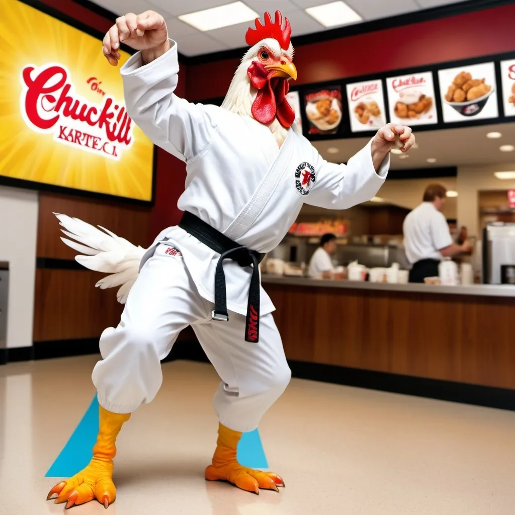 Prompt: white chicken doing a karate kick, chicken in white karate gi with black karate belt, Chuck Norris face on chicken, Chick-fil-A sign in background,comedic, colorful, hyper-realistic 