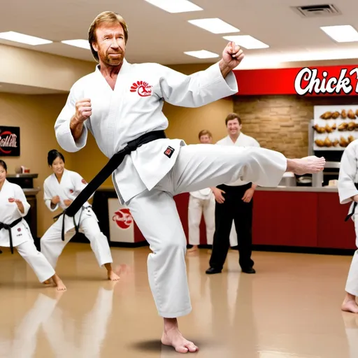 Prompt: Chuck Norris head on a white chicken doing a karate kick, chicken in white karate gi with black karate belt, Chick-fil-A sign in background 