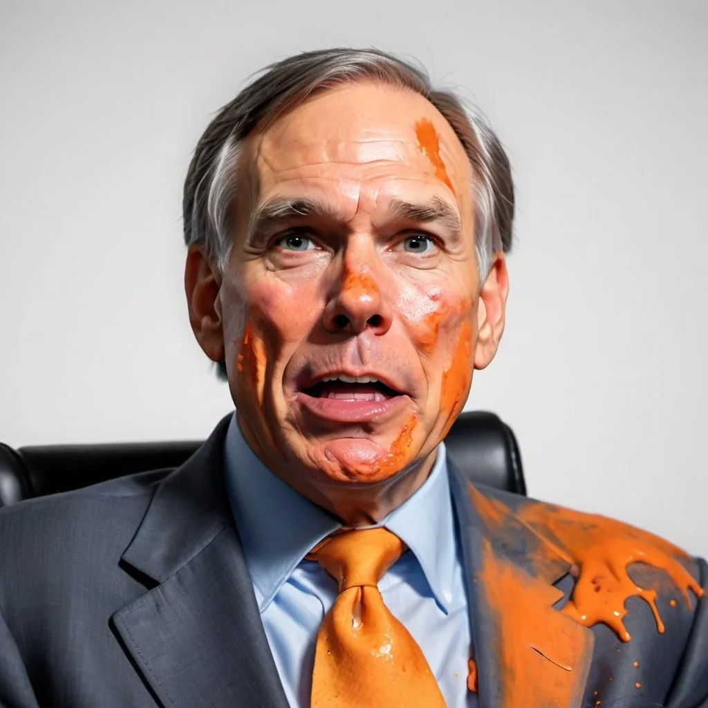 Prompt: Texas Gov. Greg Abbott sitting in wheelchair, crazed look on face, taking in microphone, orange stains on mouth, orange liquid stains on shirt, Herbert Block style cartoon, hyper-realistic, colorful, comedic 