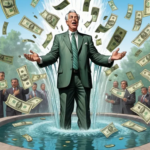 Prompt: Flowing fountain where water never reaches the bottom, flowing water turns into dollar bills, dollar bills filling into rich men's pockets, poor people with hands out, hyper-realistic, colorful, Herbert Block style cartoon 