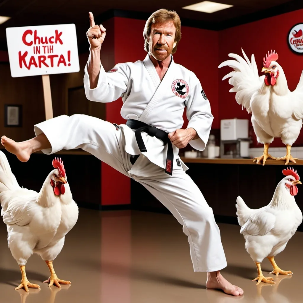 Prompt: Chuck Norris as white chicken doing a karate kick, chicken in white karate gi with black karate belt, Chuck Norris head on chicken, Chick-fil-A sign in background,comedic, colorful, hyper-realistic 