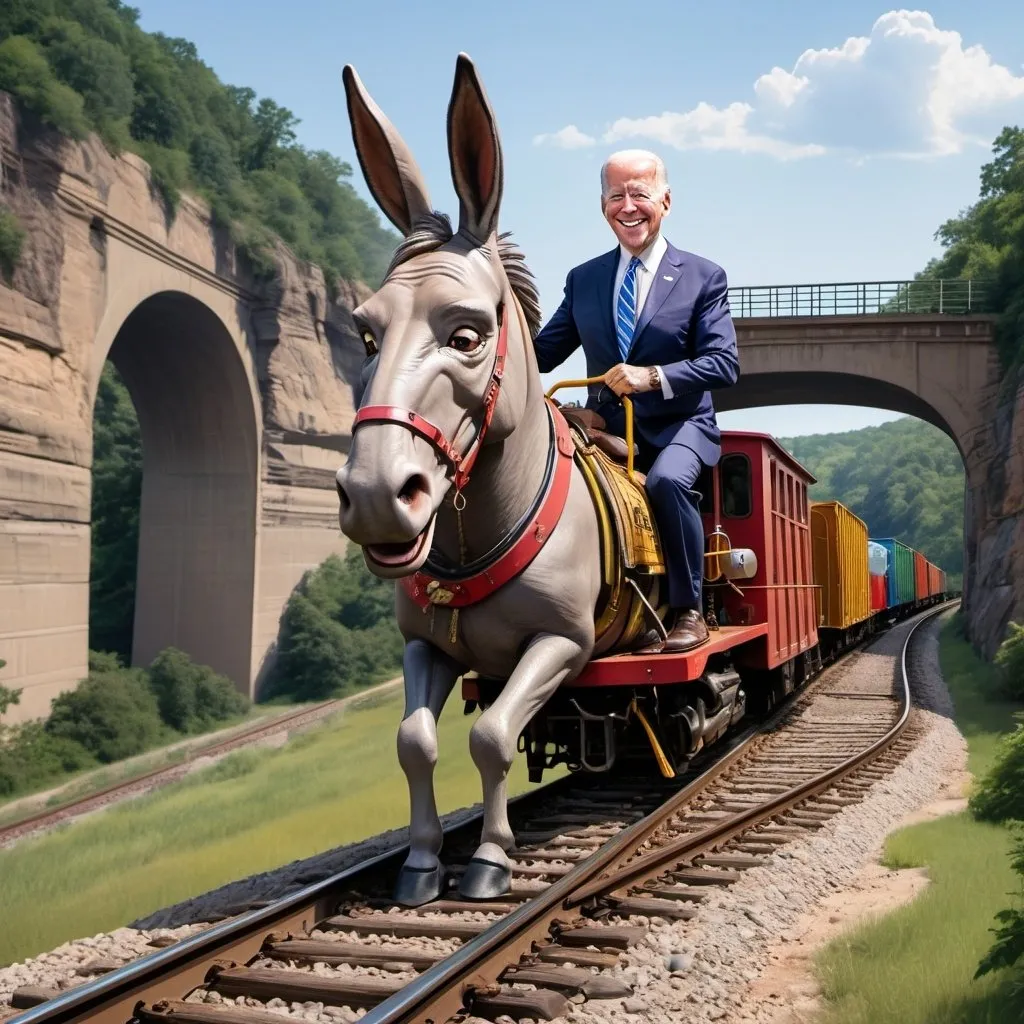 Prompt: Oversized President Joe Biden riding train with a saddle, train engine shaped like Donkey head, train leaving railroad tracks going over bridge into ravine, Joe Biden sleeping, Herbert Block style cartoon, hyper-realistic, colorful, comedic, detailed 