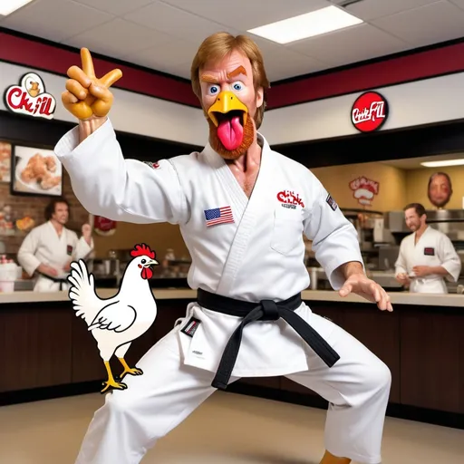 Prompt: Chuck Norris is a white chicken doing a karate kick, chicken in white karate gi with black karate belt, Chuck Norris head on chicken, Chick-fil-A sign in background,comedic, colorful, hyper-realistic 