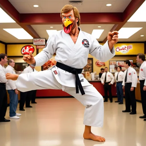 Prompt: Chuck Norris is a white chicken doing a karate kick, chicken in white karate gi with black karate belt, Chuck Norris head on chicken, Chick-fil-A sign in background,comedic, colorful, hyper-realistic 