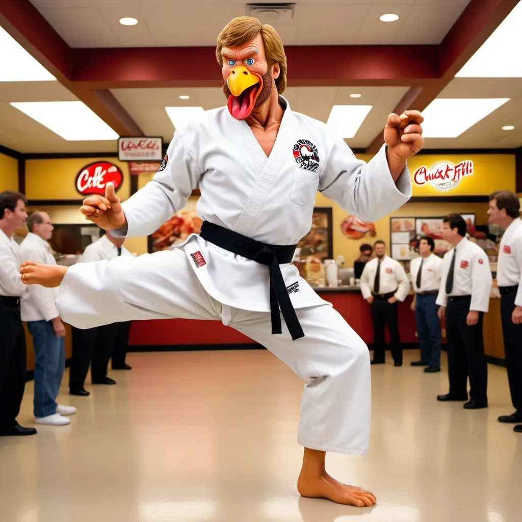 Prompt: Chuck Norris is a white chicken doing a karate kick, chicken in white karate gi with black karate belt, Chuck Norris head on chicken, Chick-fil-A sign in background,comedic, colorful, hyper-realistic 