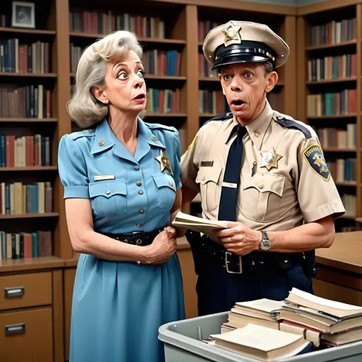 Prompt: Don Knotts as Barney Fife arresting female middle aged gray haired lady in blue dress, Barney Fife is a sheriff deputy, library books in trash can, library setting, Herbert Block style cartoon, hyper-realistic, colorful, comedic 