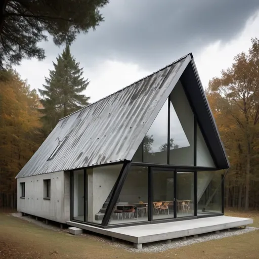 Prompt: House with a pitched metal roof. Concrete walls, with steel and glass