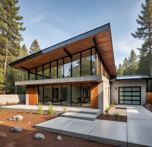 Prompt: Design a contemporary house with a metal roof. Concrete  wall, glass and wood accents.
