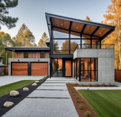 Prompt: Design a contemporary house with a metal roof. Concrete  wall, glass and wood accents.
