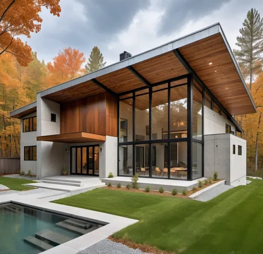 Prompt: Design a contemporary house with a metal roof. Concrete  wall, glass and wood accents.
