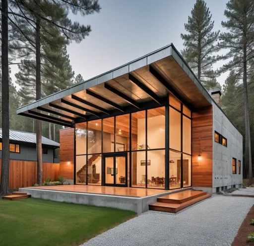 Prompt: Design a contemporary house with a metal roof. Concrete  wall, glass and wood accents.
