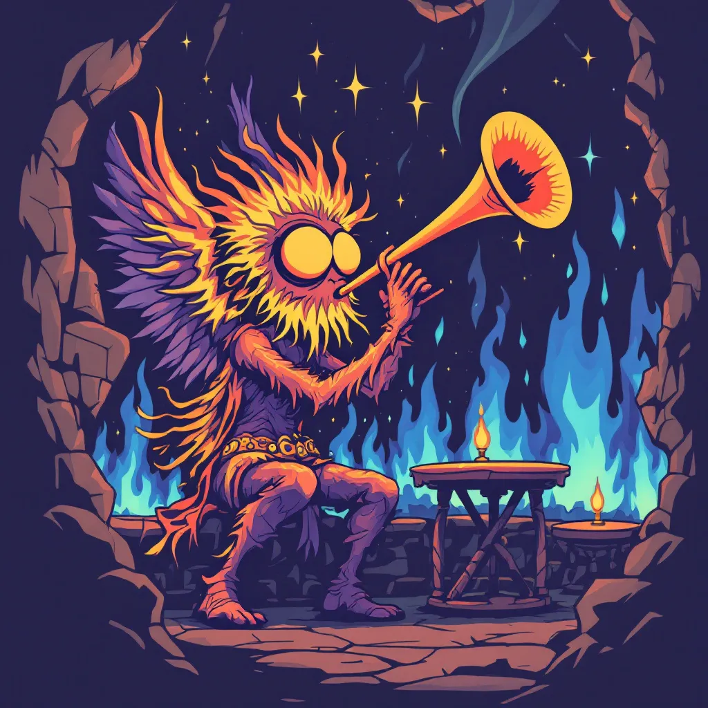 Prompt: deranged underground 1960's style cartoon vector graphic of a downtown seraph 
playing slide trumpet in a celestial tavern surrounded by blue flames tinged with a hint of orange