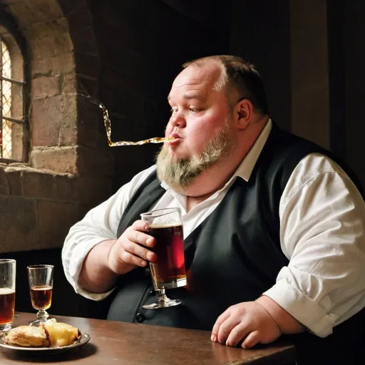 Prompt: a fat man drinking petrus