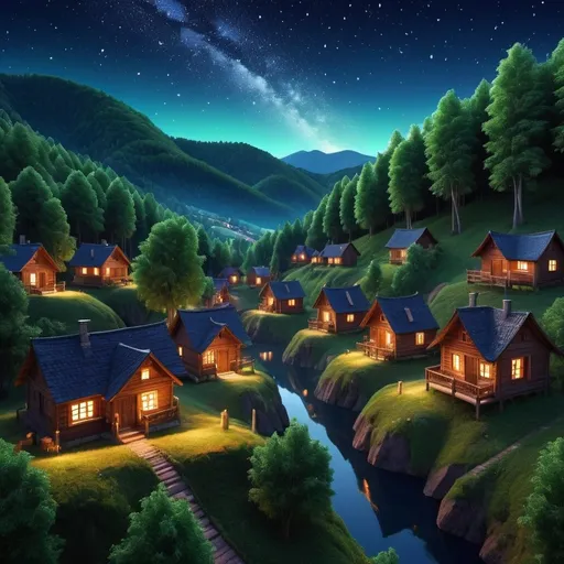 Prompt: 3d image of a small village surrounded by tall trees and big hills covered by a night sky with stars