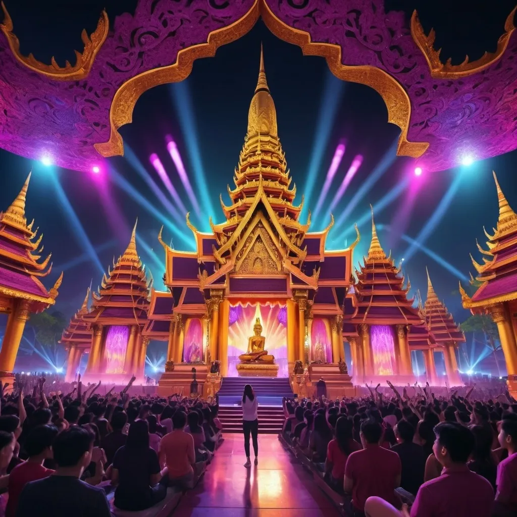 Prompt: performance stage, singer, music band, light and sound, Thailand temple as background, 1000 audiences