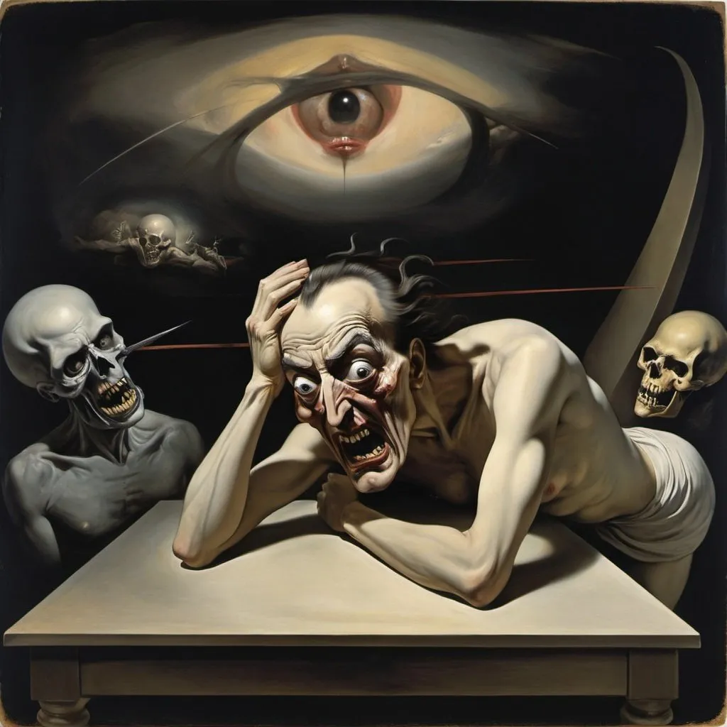 Prompt: Combine the following paintings:
The Nightmare by Henry Fuseli
The Face of War by Salvador Dali
