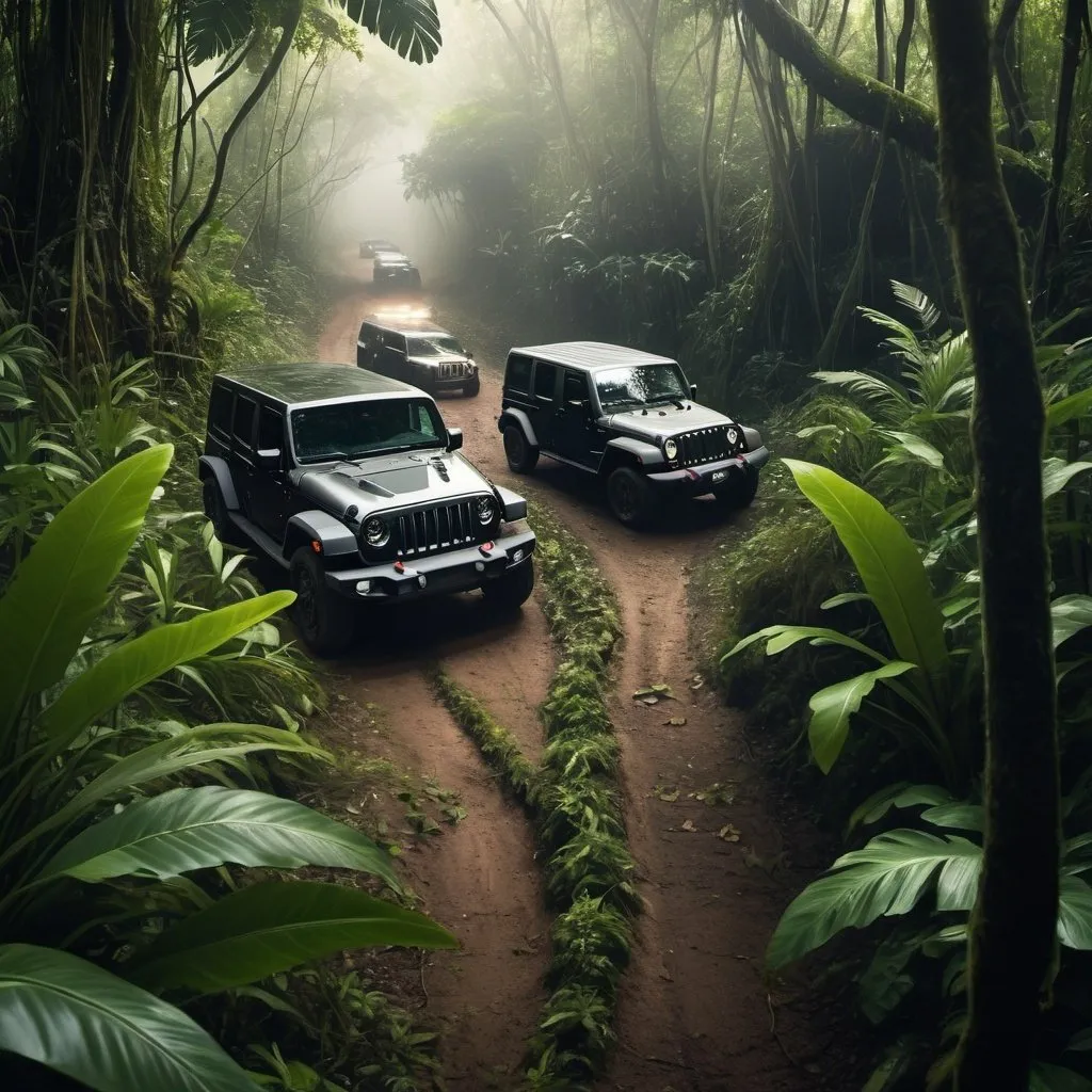 Prompt: Police cars chasing a black 4 door jeep wrangler in a jungle