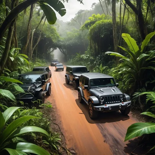 Prompt: Police cars chasing a black 4 door jeep wrangler in a jungle