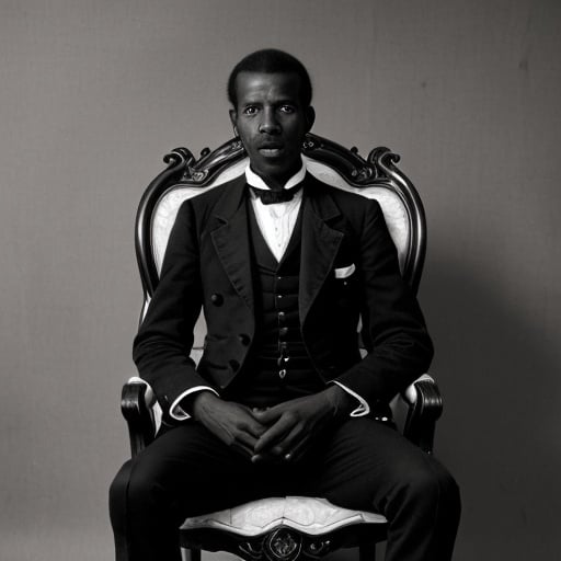 Prompt: A 19th century black and white portrait of Mamadou Touré, wearing a suit, sitting on a  victorian chair