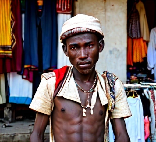 Prompt: Young male Market vendor selling clothes in city of gao,  songhai empire. shot on canon eos 