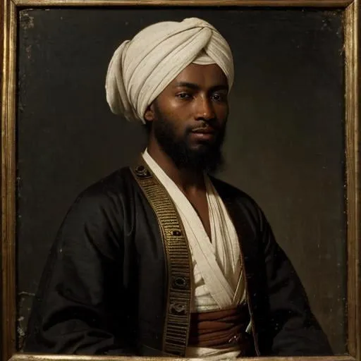 Prompt: An 18th century painting portrait of muslim songhai warrior wearing  robes and turban 