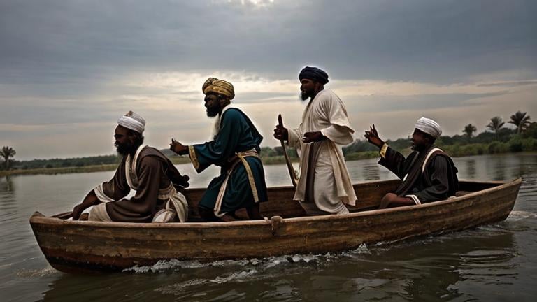 Prompt: An 18th century painting of muslim songhai warriors wearing robe and turbans riding on  a boat in Niger river.