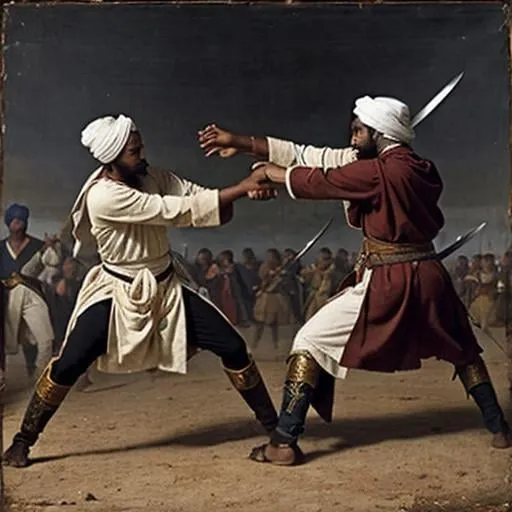 Prompt: An 18th century painting of muslim songhai warriors wearing  robes and turban fighting each other with swords in a battlefield 