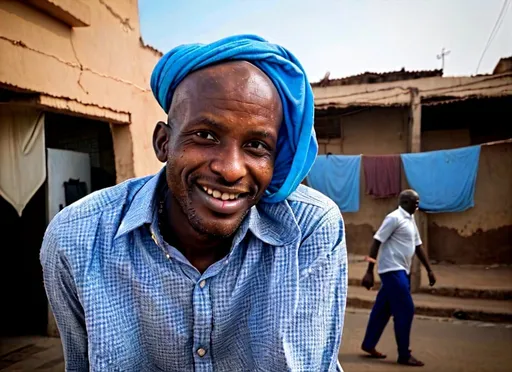 Prompt: An portrait of 35 year old bald malian man wearing blue shirt smiling in the streets of Bamako