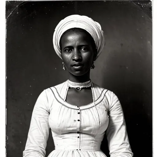 Prompt: 19th century black and white portrait of Mamadou Touré's wife Fatoumata, wearing a white dress