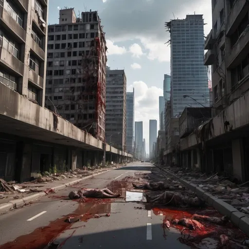 Prompt: City,sky scrapers, road, smashed buildings at the sides. Rotting human corpses all over, headless, entrails hanging out, terror, gore, blood