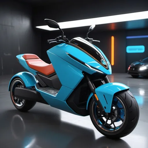 Prompt: The motorcycle is equipped with a 4-wheel plastic motor design and a foldable roof that can be used in hot or rainy conditions. Electricity is necessary for the motor's specifications. 