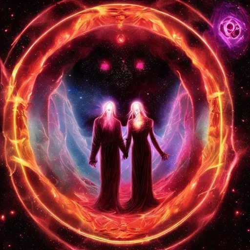 Prompt: samael and lilith, interdimensional portal, hell space, vibe, love, divinity, doorways, galaxy, future, dancing, demons, angels