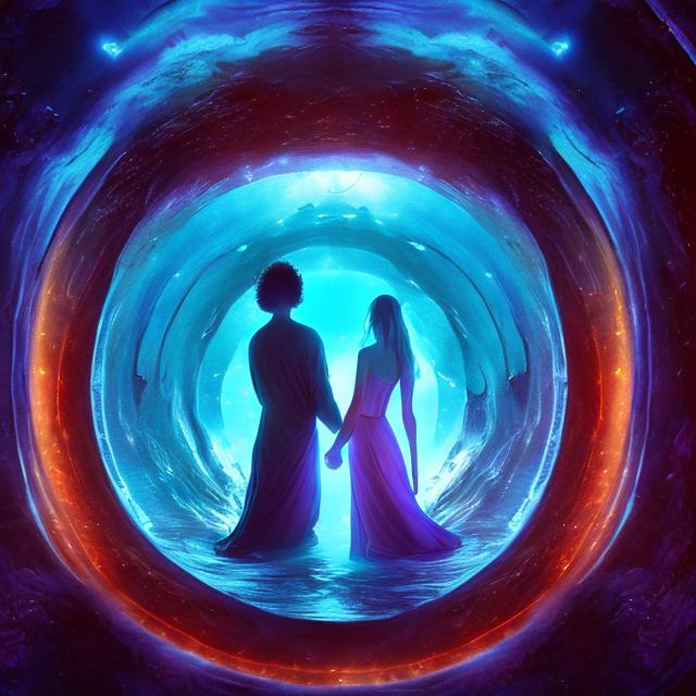 Prompt: samael and lilith, interdimensional portal, underwater, space, vibe, love, divinity, doorways, galaxy, future, dancing