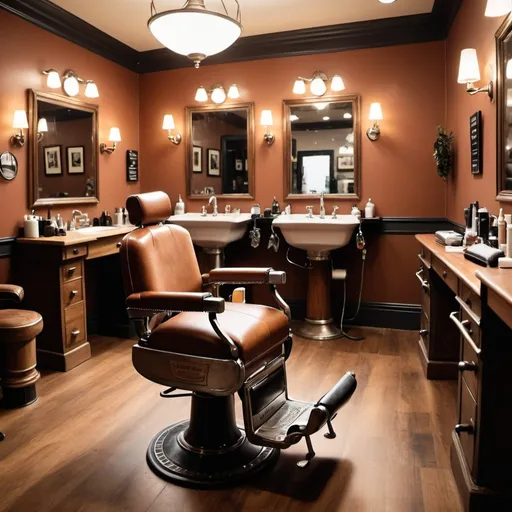 Prompt: Barber shop in Alexandria, Virginia, modern aesthetic, luxurious grooming experience, high-end barber tools, warm and inviting atmosphere, premium quality, professional, detailed interior design, vintage-inspired decor, rich color palette, ambient lighting, upscale grooming, stylishly dressed barber, classic barber chair, traditional grooming techniques, old-fashioned charm, polished wood finishes, antique barber tools, high quality, vintage, classic, warm tones, inviting lighting
