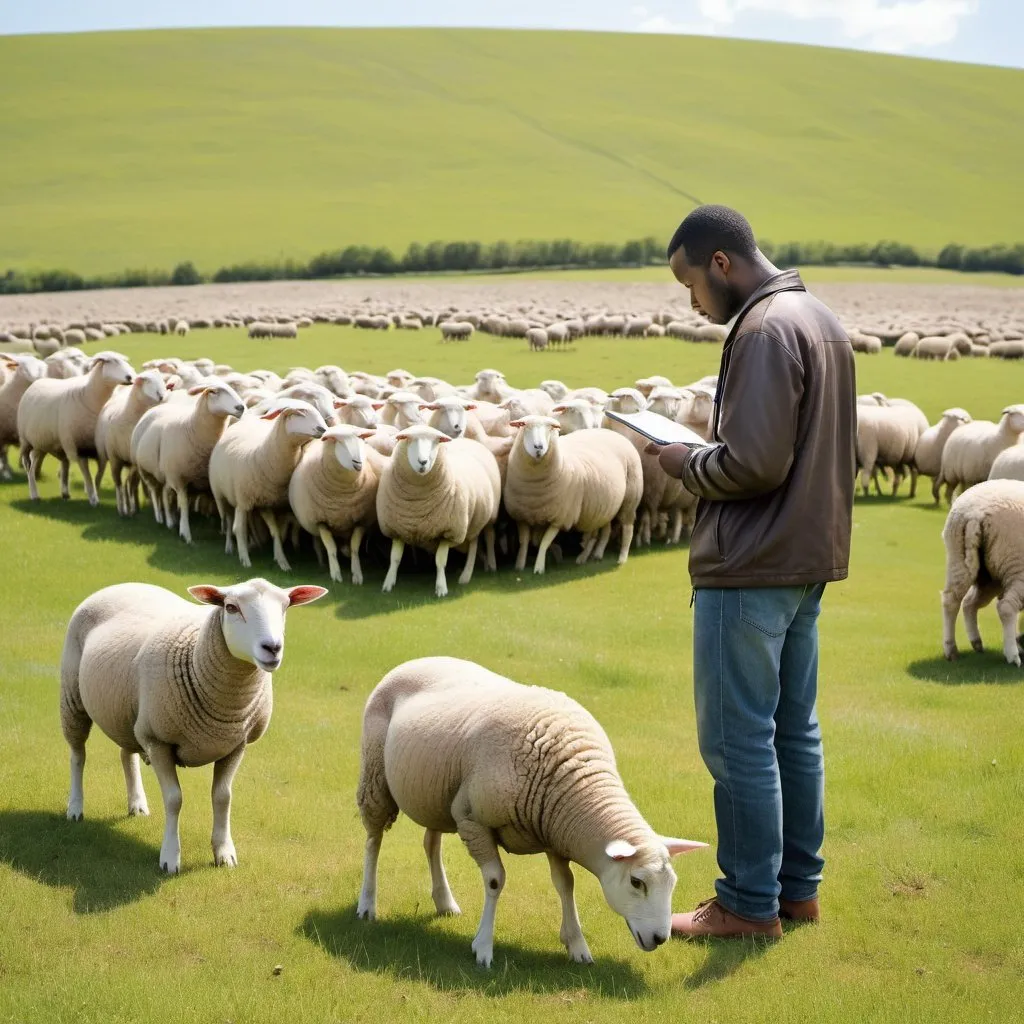 Prompt:  Create an image: a Black man spying on sheep in a pasture, doing everything he can to avoid being seen. He is taking notes, as if he understands the communication among the sheep. The sheep, in turn, are unaware that they are being watched, so they act as if they are alone. The image should contain realistic details that allow the viewer to feel that the man is stealthily gathering information from the sheep.