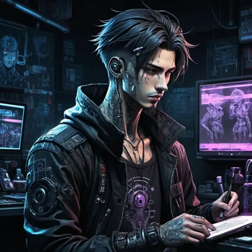 Prompt: Anime cyberpunk style, man in inkshop, highly detailed, HD, dark background