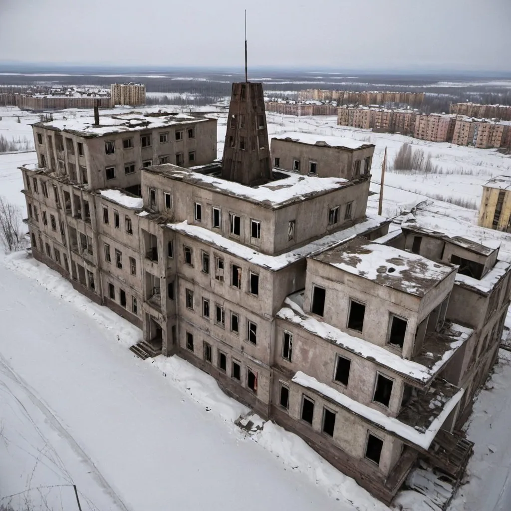 Prompt: An abandoned Soviet city in Siberia, which was previously housed workers of a secret military project