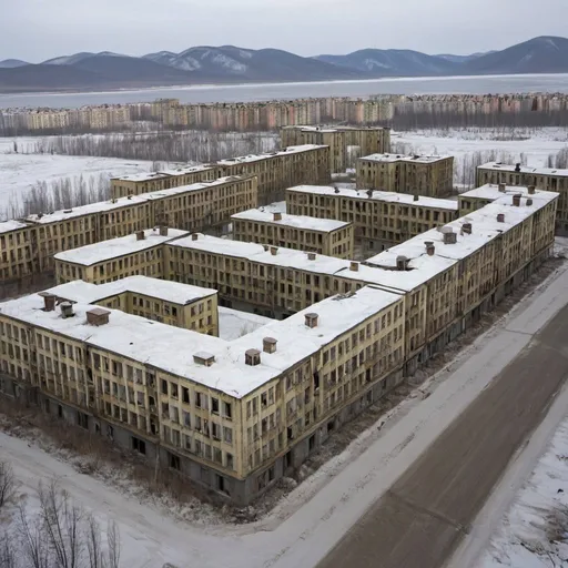 Prompt: An abandoned Soviet city in Siberia, which was previously housed workers of a secret military project